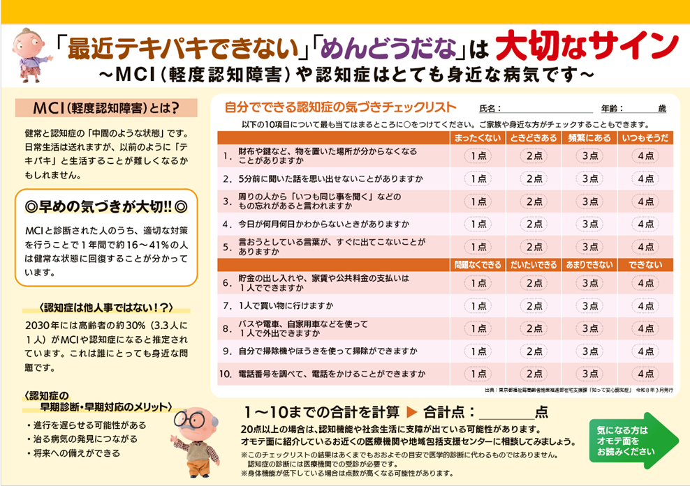 自分でできる認知症の気づきチェックリストが掲載されたリーフレット
